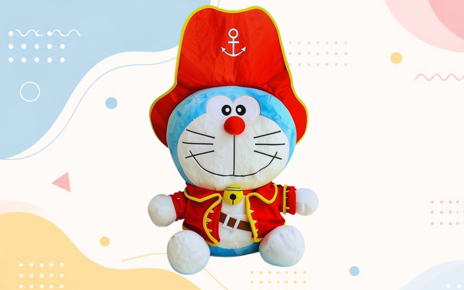 Doraemon plush toy in a pirate costume, produced to the license's exact face ratio and Pantone blue