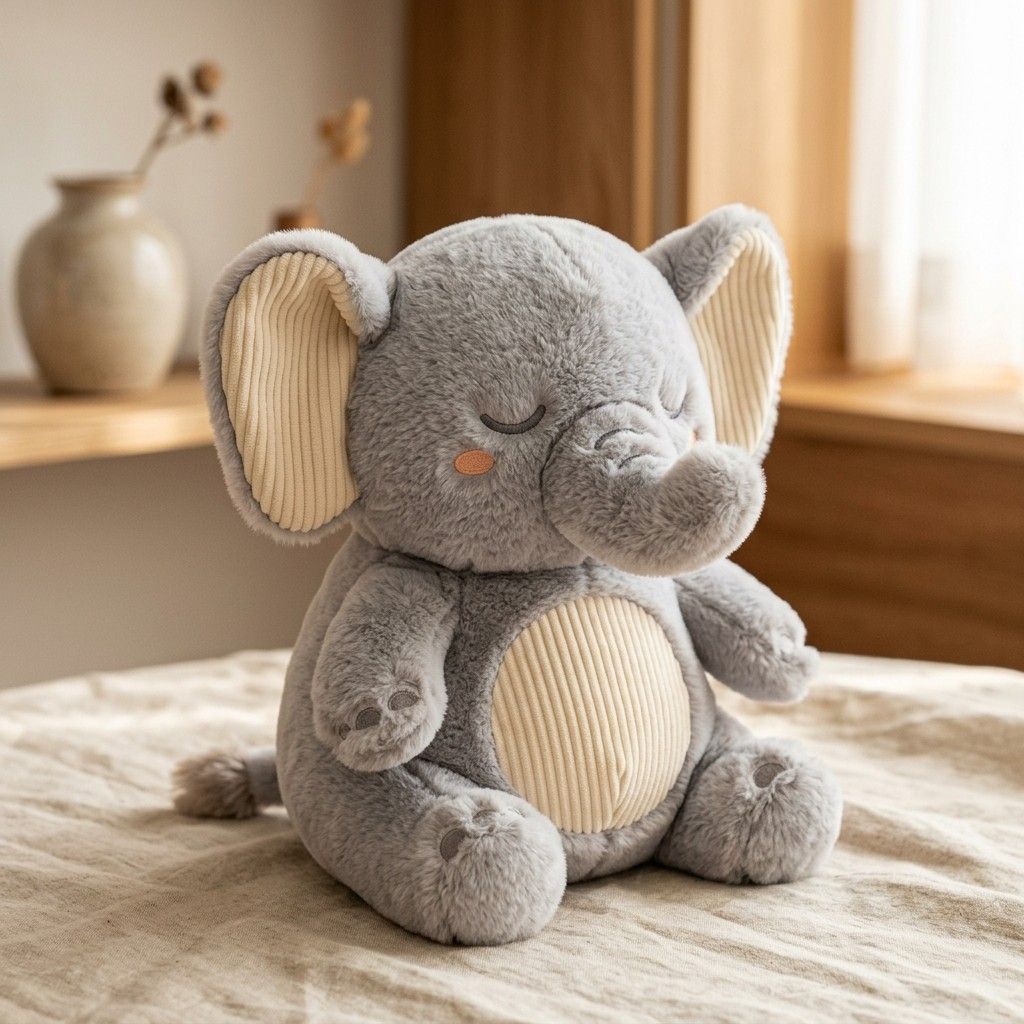 Sleepy Baby Elephant - Custom plush toy designed by Takara in Crystal Velboa and Corduroy