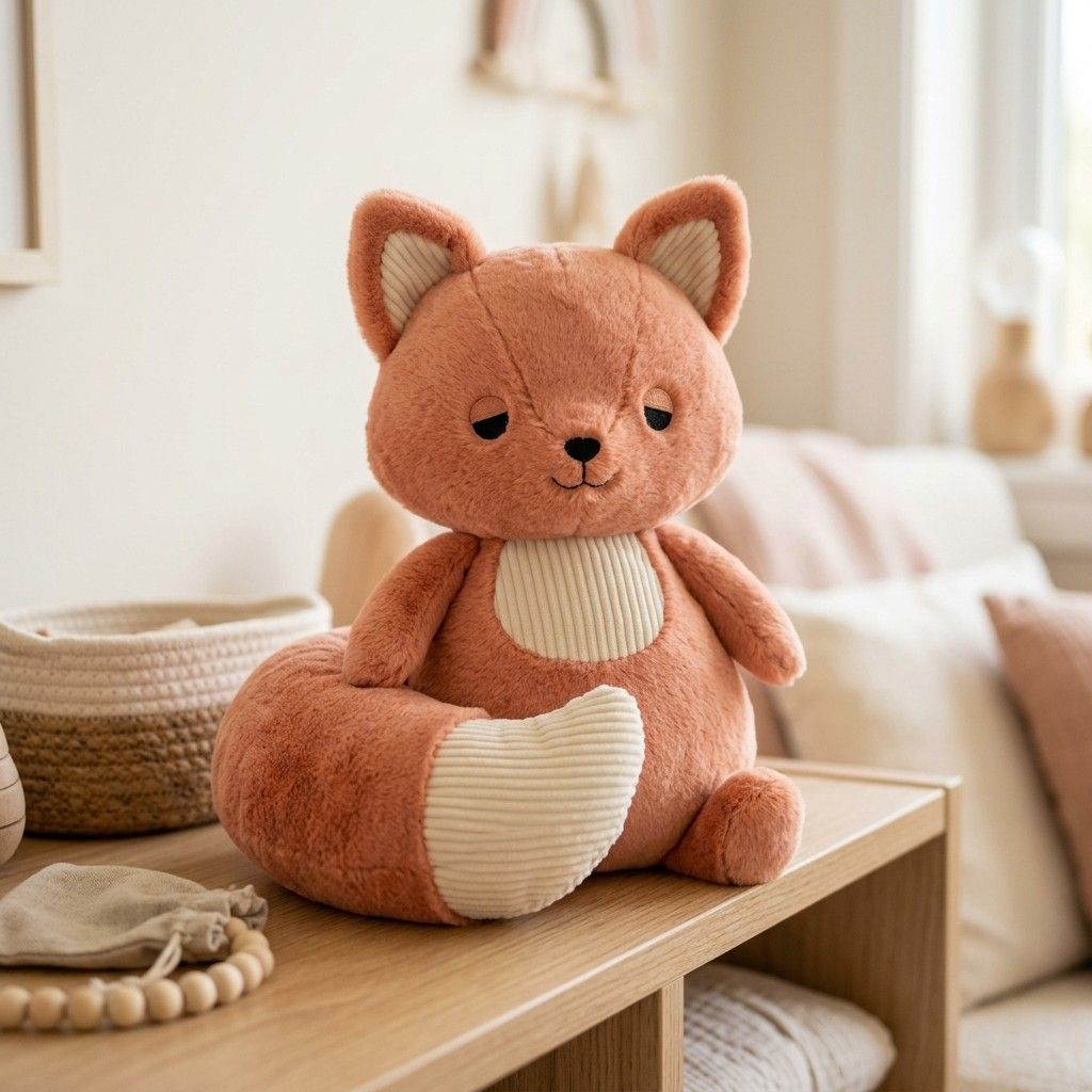 Curled-Tail Little Fox - Custom plush toy designed by Takara in Crystal Velboa and Corduroy
