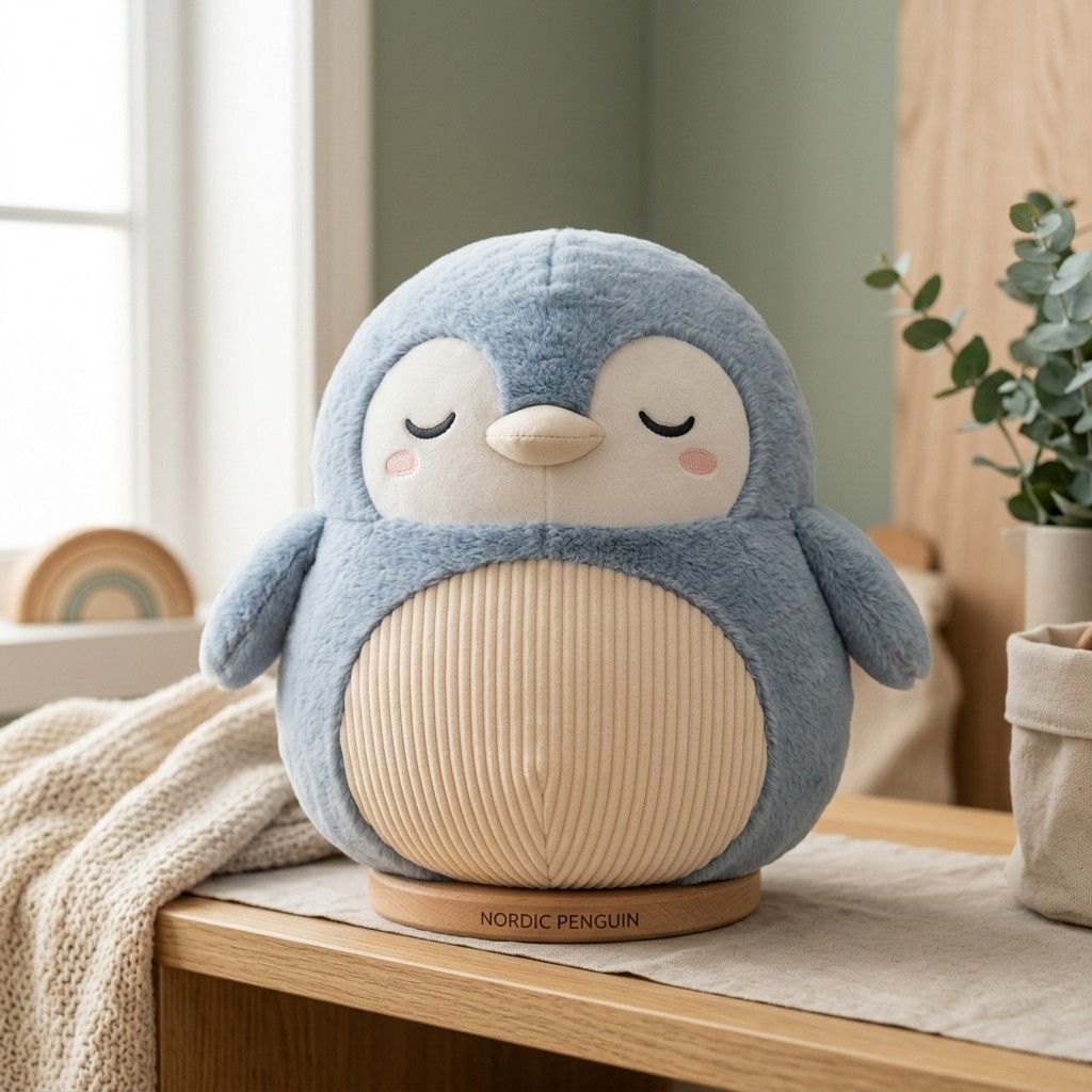 Round Powder-Blue Penguin - Custom plush toy designed by Takara in Crystal Velboa and Corduroy