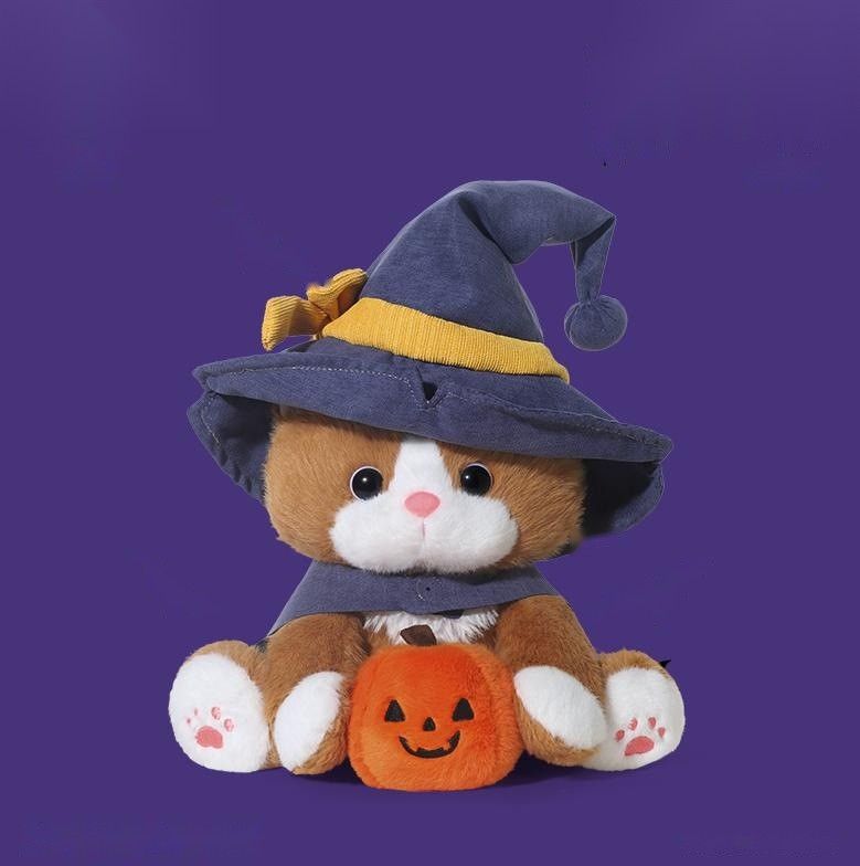Halloween wizard cat plush toy with witch hat and pumpkin, 55cm