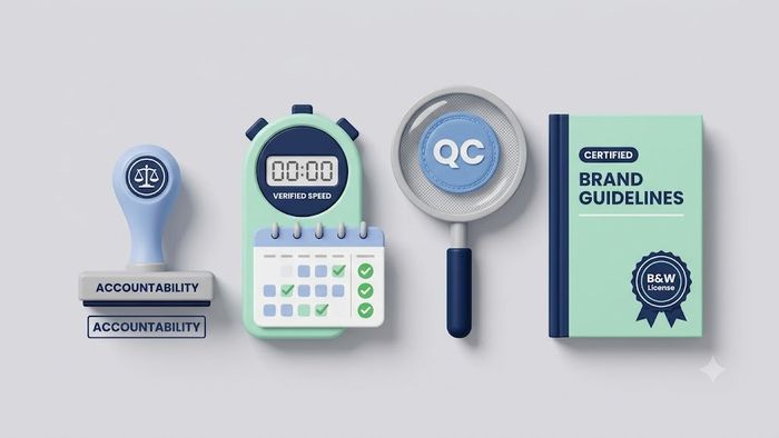 Four conceptual icons for partner evaluation: an accountability stamp, a verified-speed calendar, a QC magnifying glass, and a certified brand-guidelines book