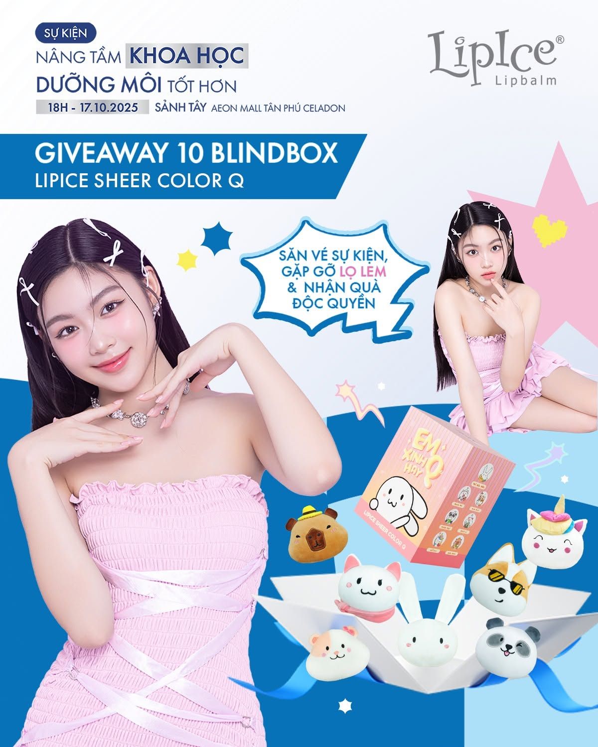 In-store blind-box giveaway event signage for LipIce Sheer Color Q at Aeon Mall Tan Phu Celadon