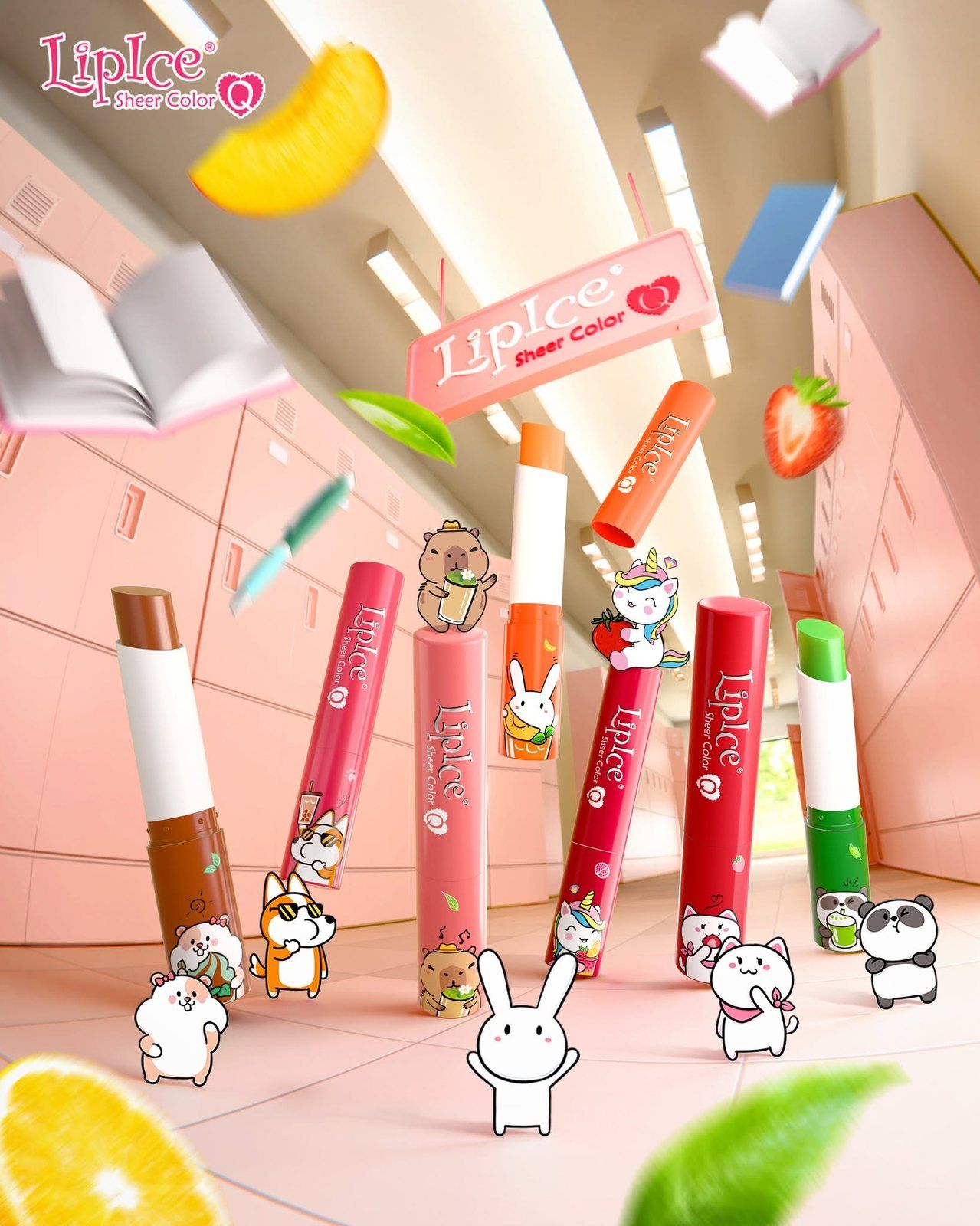 Six LipIce Sheer Color Q lip balm shades displayed with the seven Em Xinh Hay Q blind-box plush characters